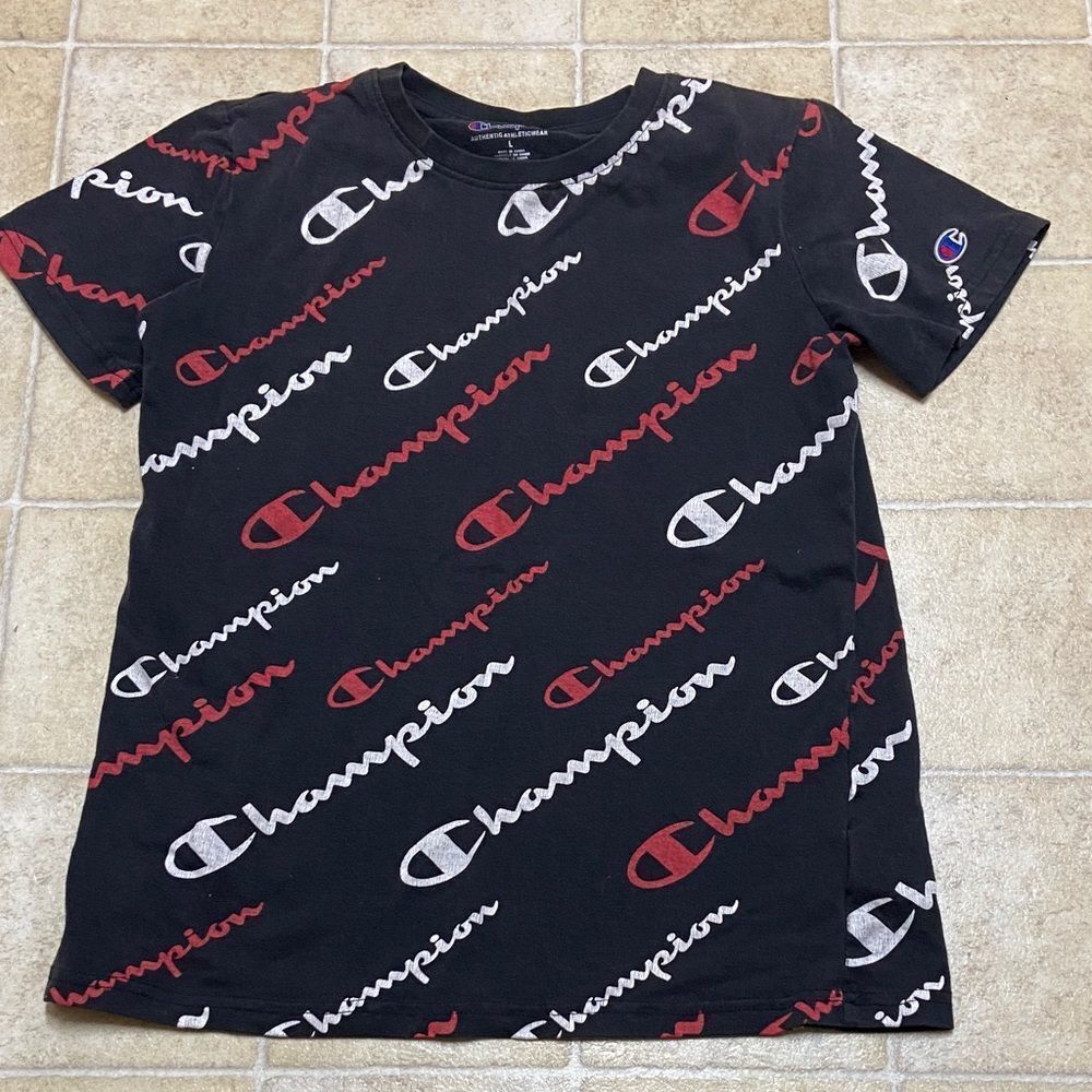 Champion Black T-Shirt with Red and White Script Size L